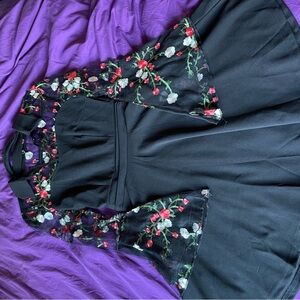 Black Dress with Floral Embroidered Mesh Sleeves